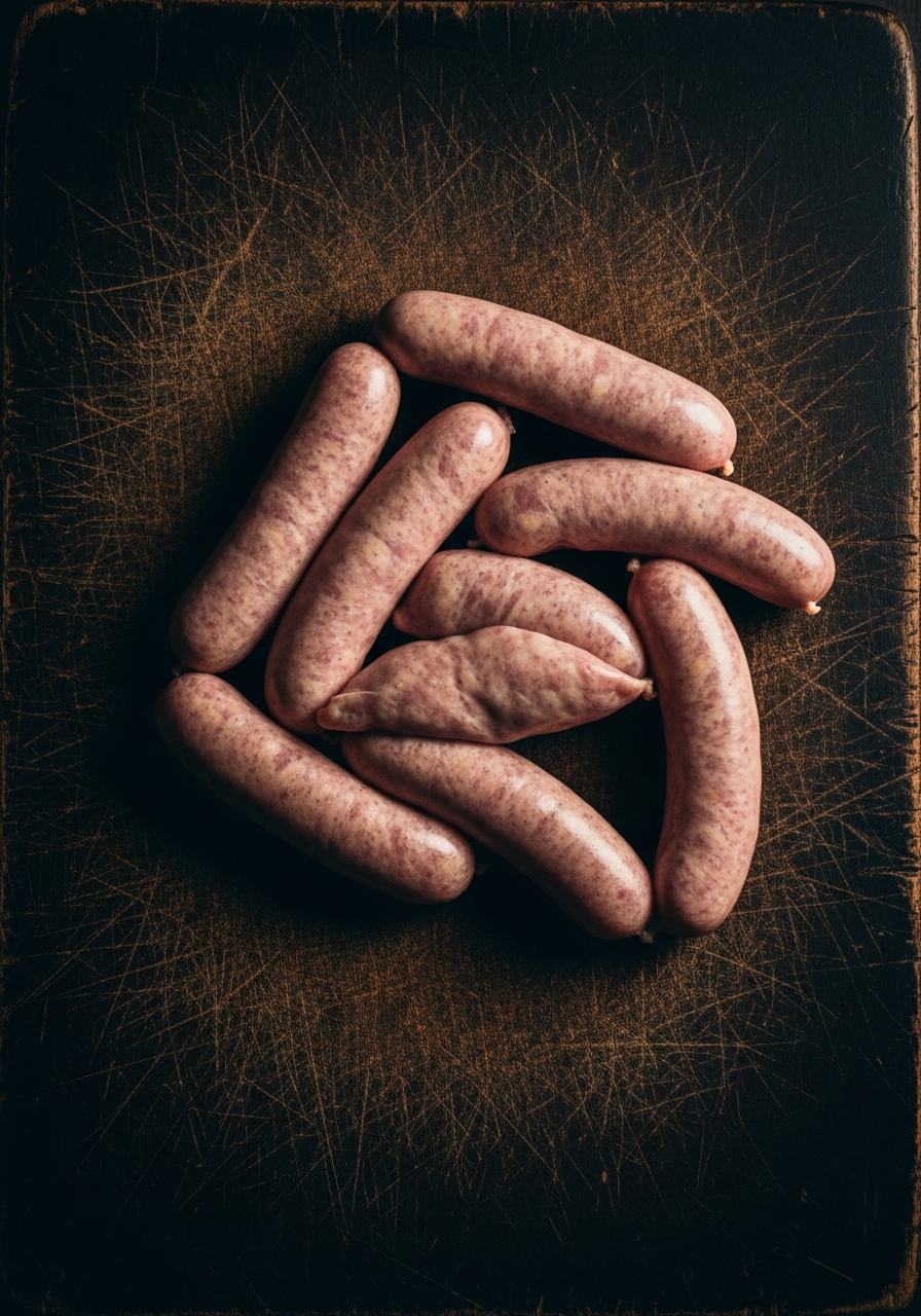 Coiled Cumberland sausages, freshly cooked, golden skin