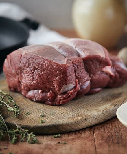 Boneless wild venison haunch roast on a wooden board