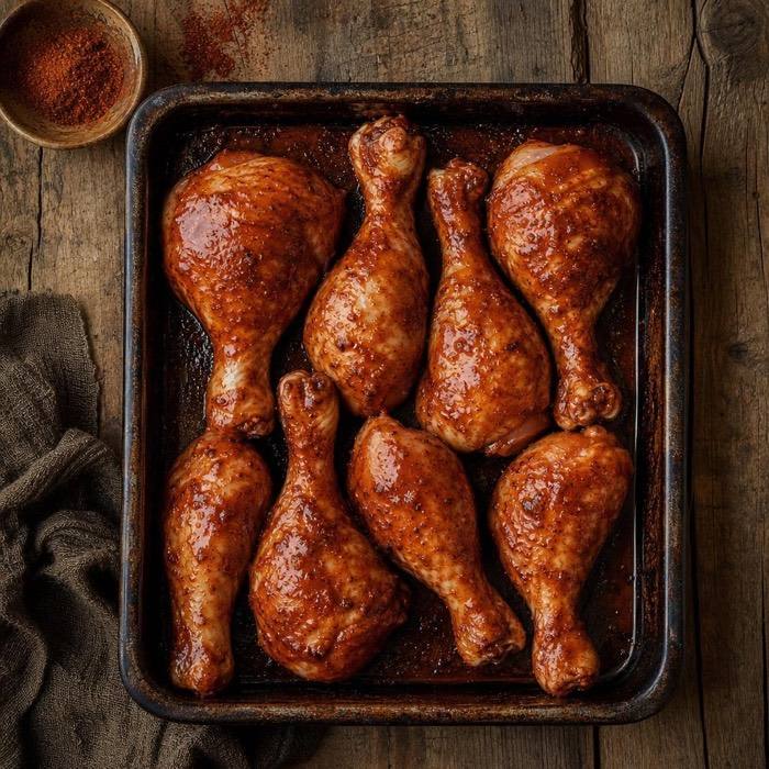 Rustic raw BBQ chicken drumsticks