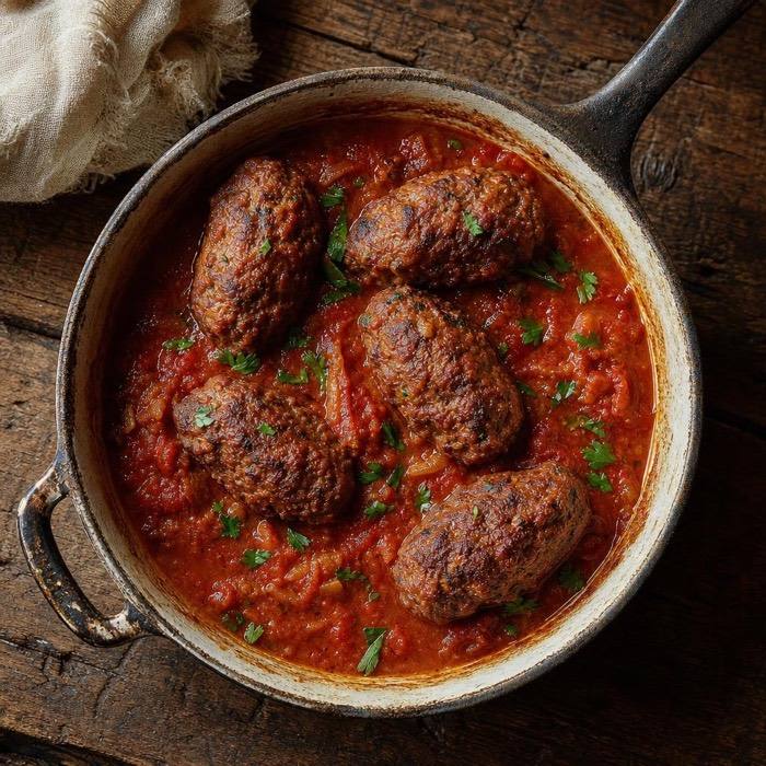 Rustic beef soutzoukakia in tomato sauce