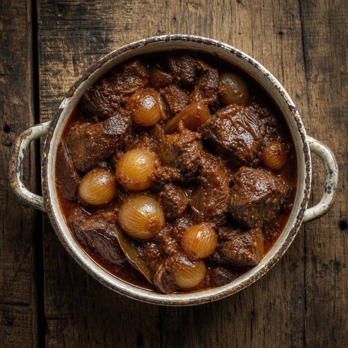 Rustic beef stifado stew with baby onions