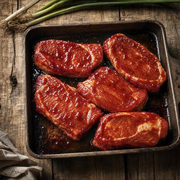 Rustic raw char siu pork steaks