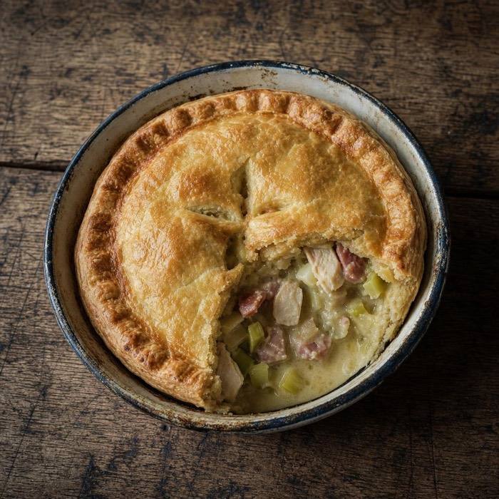 Rustic chicken, leek and ham pie