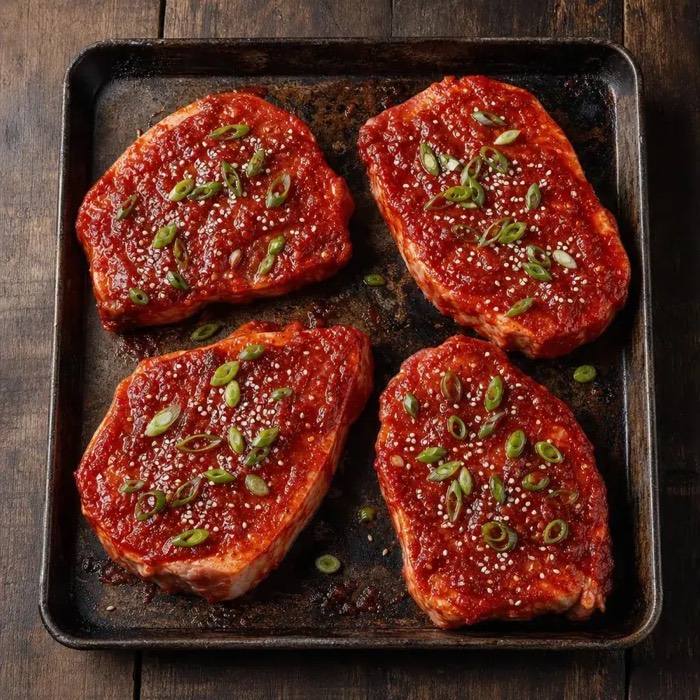 Rustic raw Gochujang Pork Steaks in a baking dish
