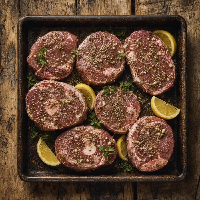 Rustic raw Greek herb lamb gigot steaks