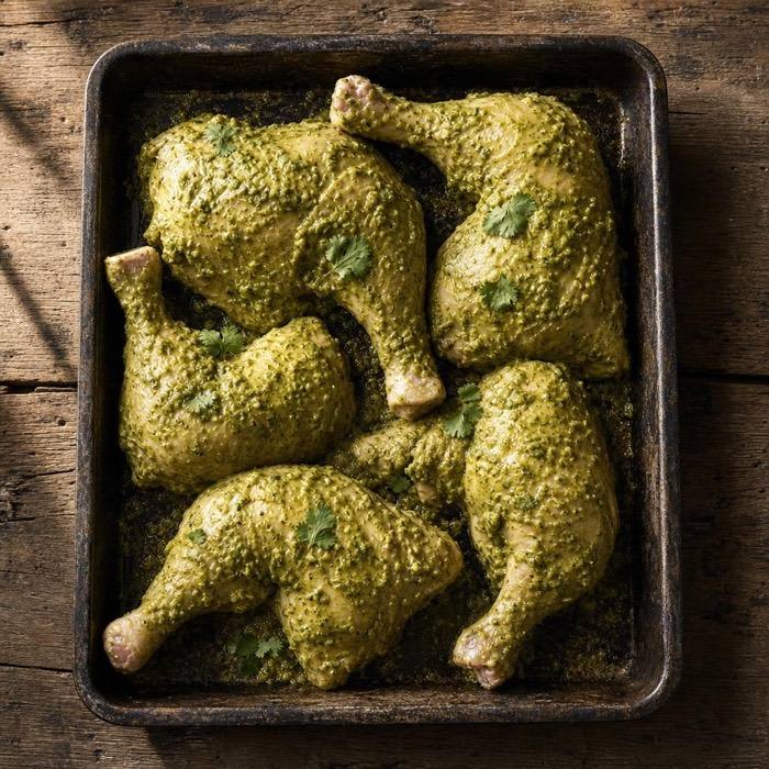 Rustic raw green tikka chicken legs