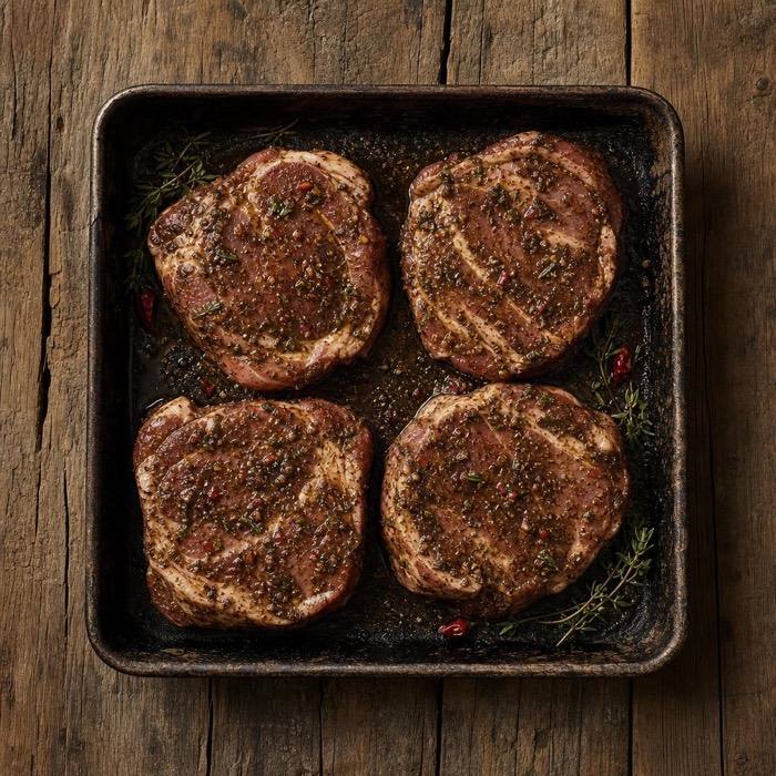 Rustic raw jerk pork ribeye steaks