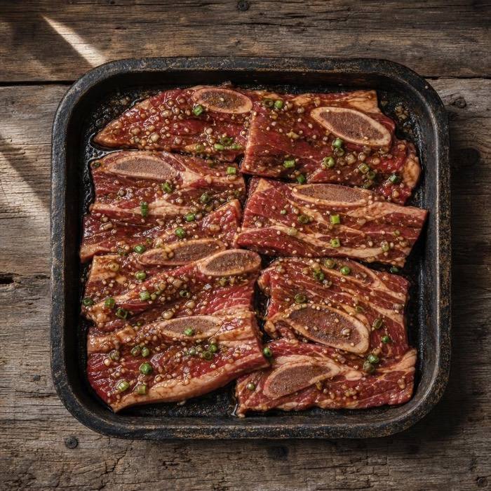 Rustic raw Korean barbecue short ribs
