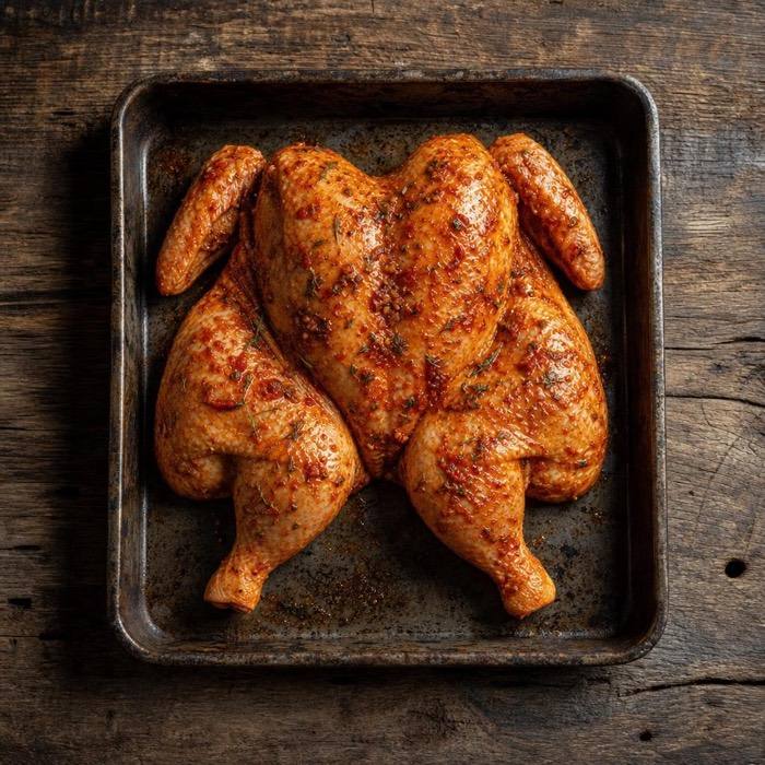 Rustic raw peri peri spatchcock chicken