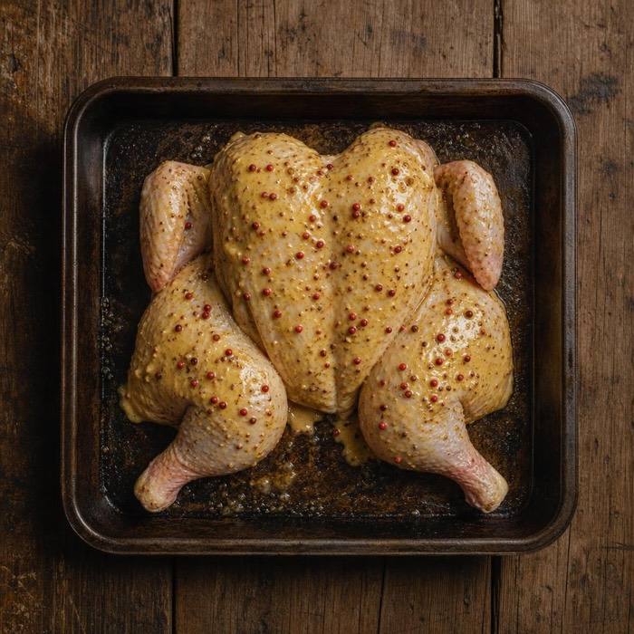 Rustic raw pink peppercorn, honey and mustard spatchcock chicken