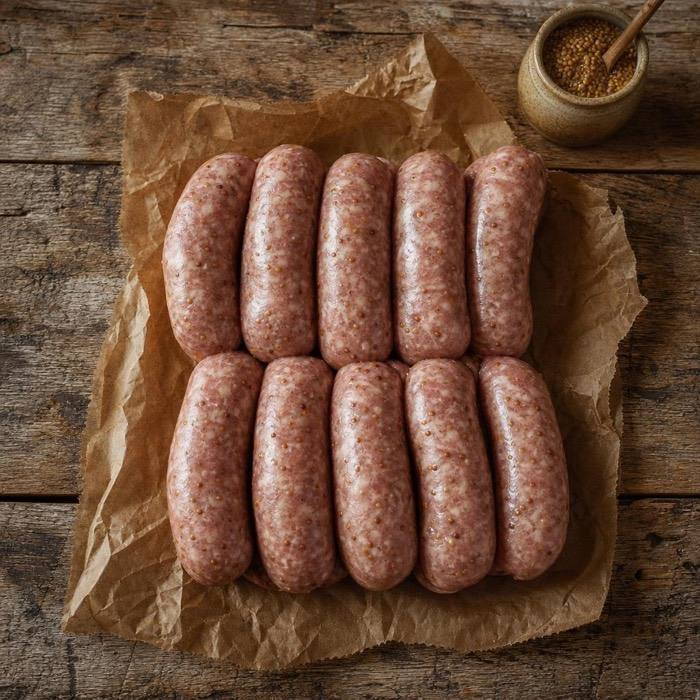 Rustic raw pork, honey and mustard sausages