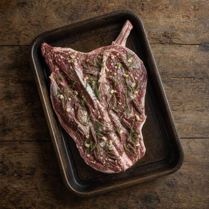 Rustic raw rosemary, garlic and anchovy butterflied lamb