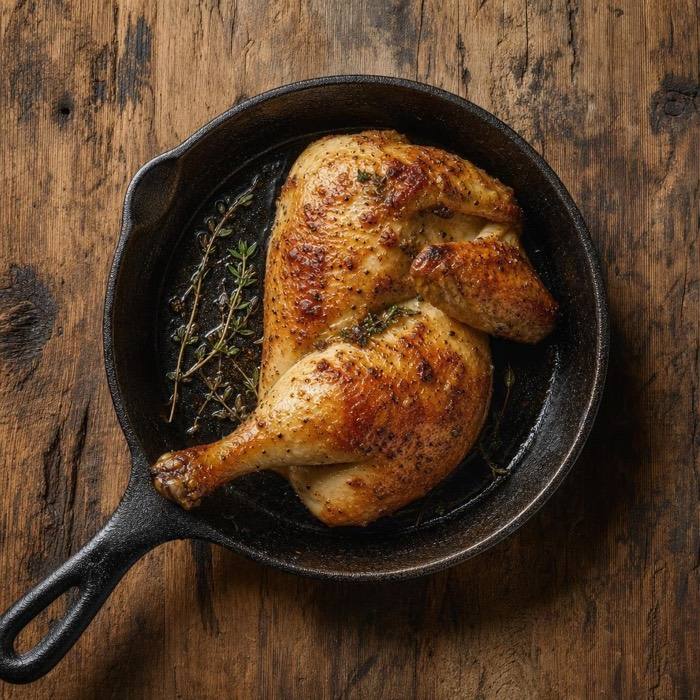 Rustic golden pre-cooked half chicken