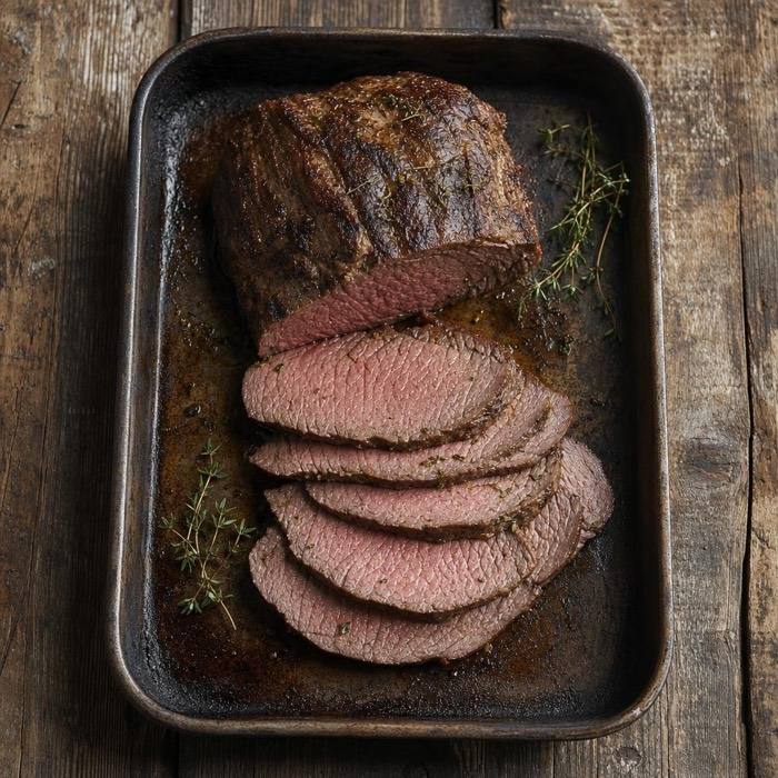 Rustic carved grass-fed lean beef roast