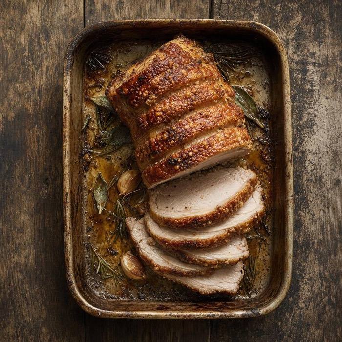 Rustic carved pork roast with crisp crackling