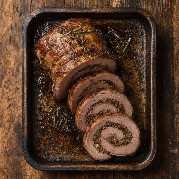 Rustic sliced stuffed lamb breast