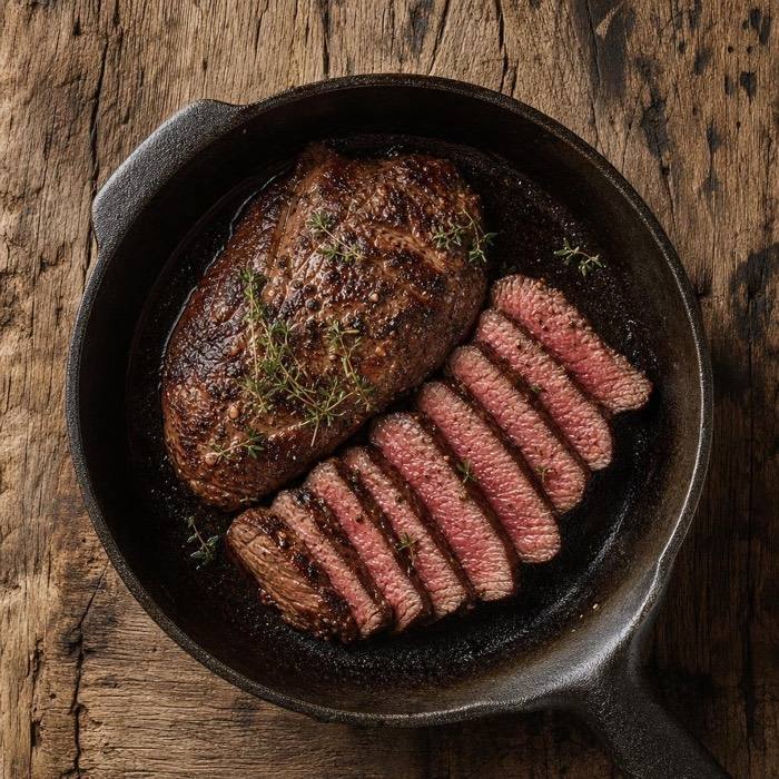 Rustic sliced grass-fed teres major steak