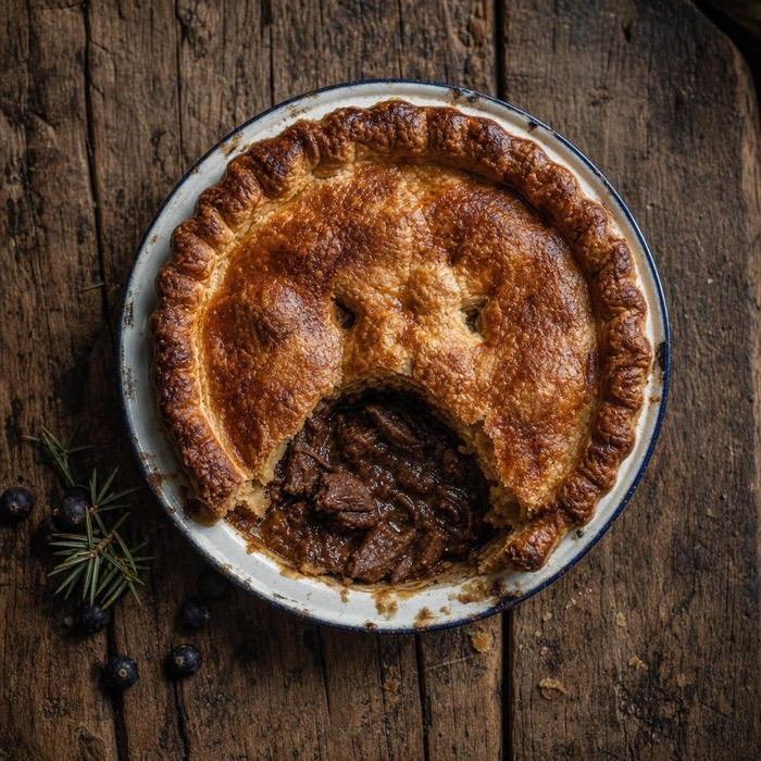 Rustic venison, juniper and port pie