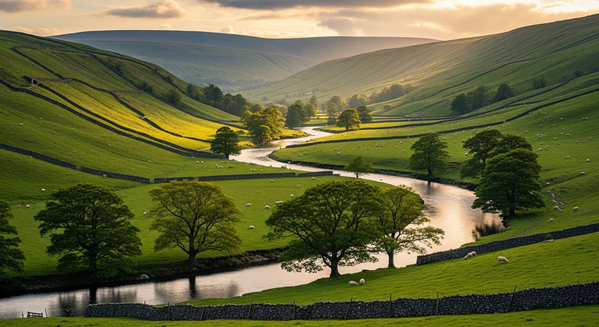 Rolling hills of the Yorkshire Dales with a winding river and grazing sheep